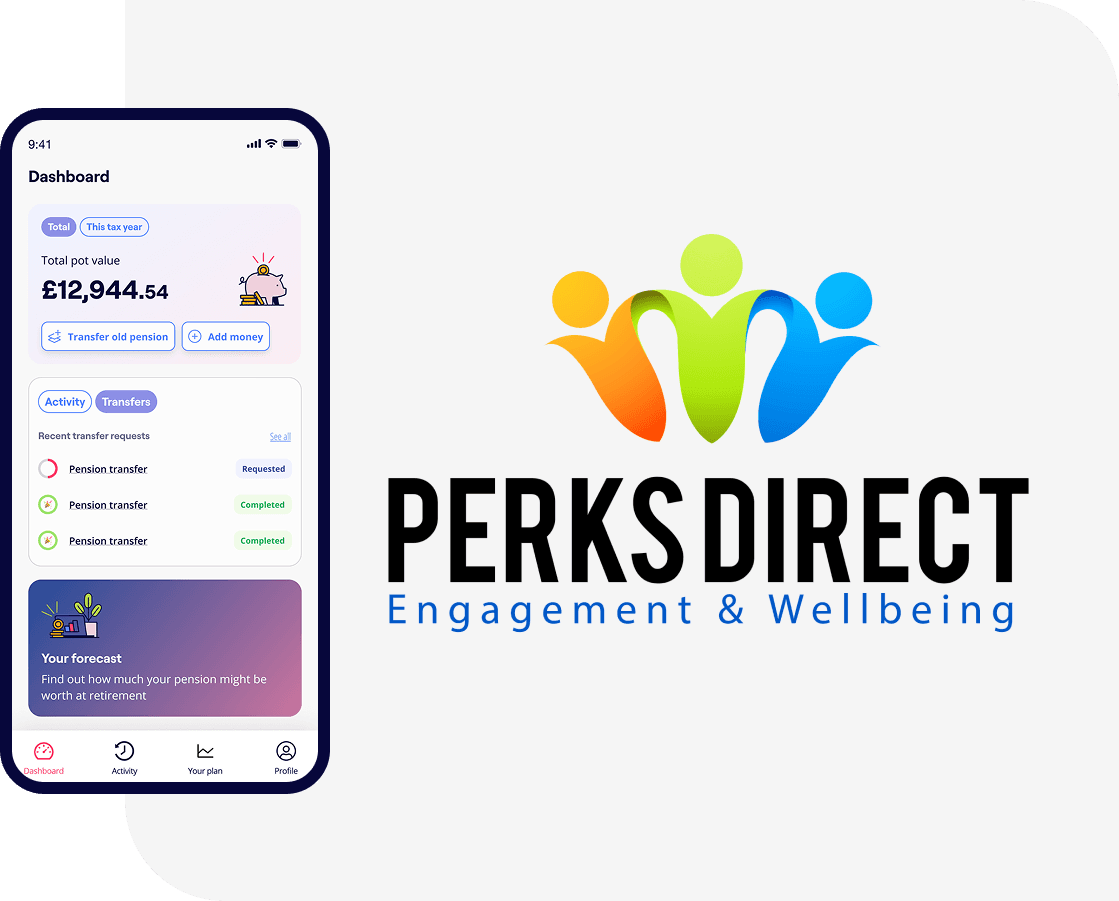 The Perks Direct logo alongside the Penfold pension app showing savings and contribution screens